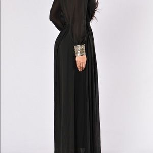 Beautiful black chiffon maxi dress with gold cuffs